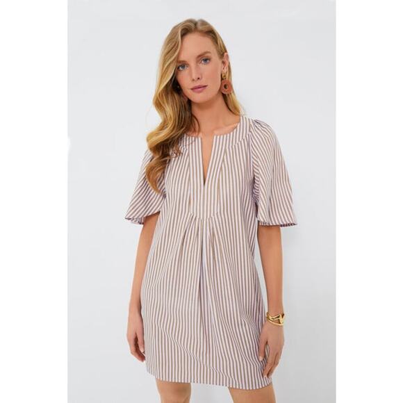 Pomander Place Tuckernuck Lilac Stripe Seersucker Finley Flutter Sleeve Dress L - Picture 1 of 11